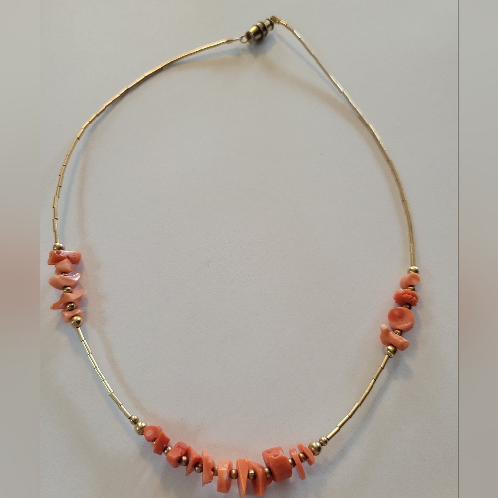 Vintage Real Pink Coral And Gold Beaded Necklace 15" - 1950s 1960s